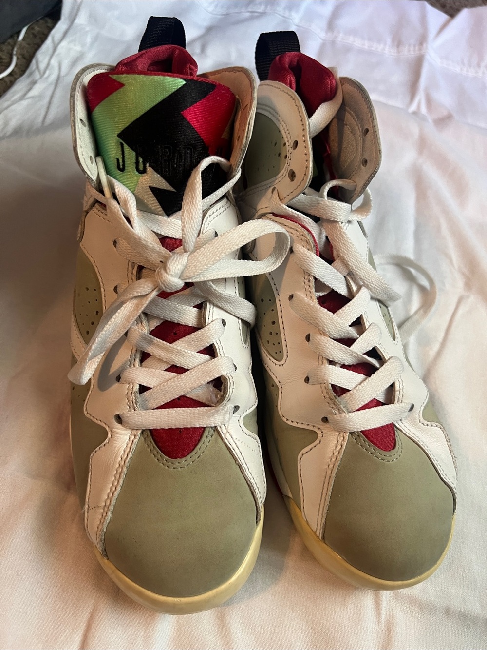 Jordan High-Top Sneakers in Olive, White & Red with Multicolor Tongue